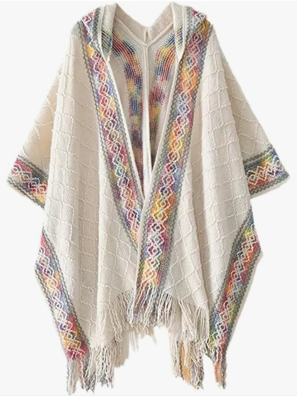 Boho Cream Hooded Fringe Sweater Poncho with Multicolor Trim